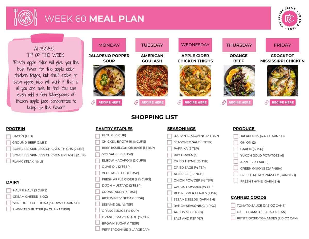 Image of the the weeks meal plans free printable shopping list.
